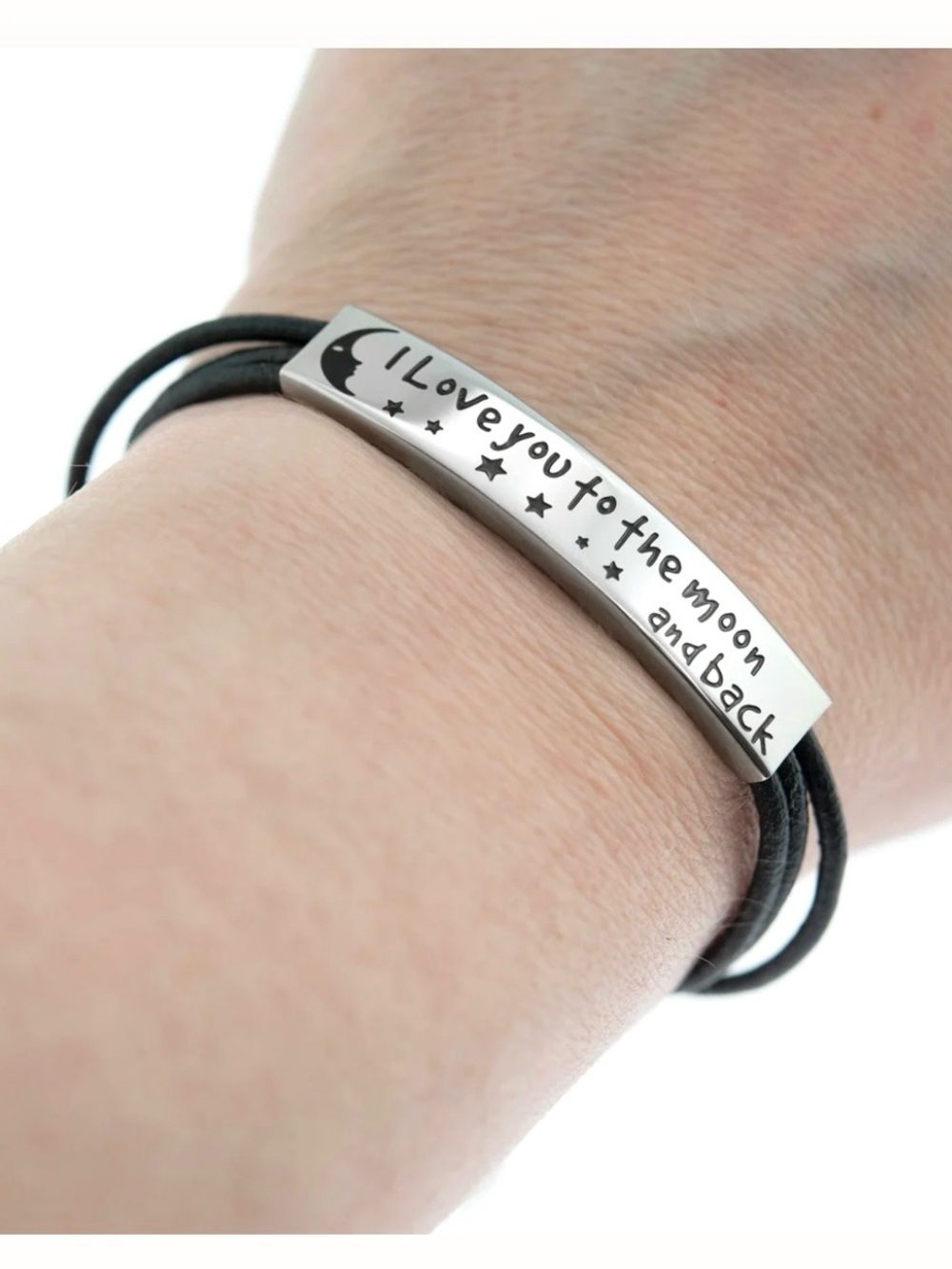 I Love You to the Moon and Back Black Leather Wrap Bracelet